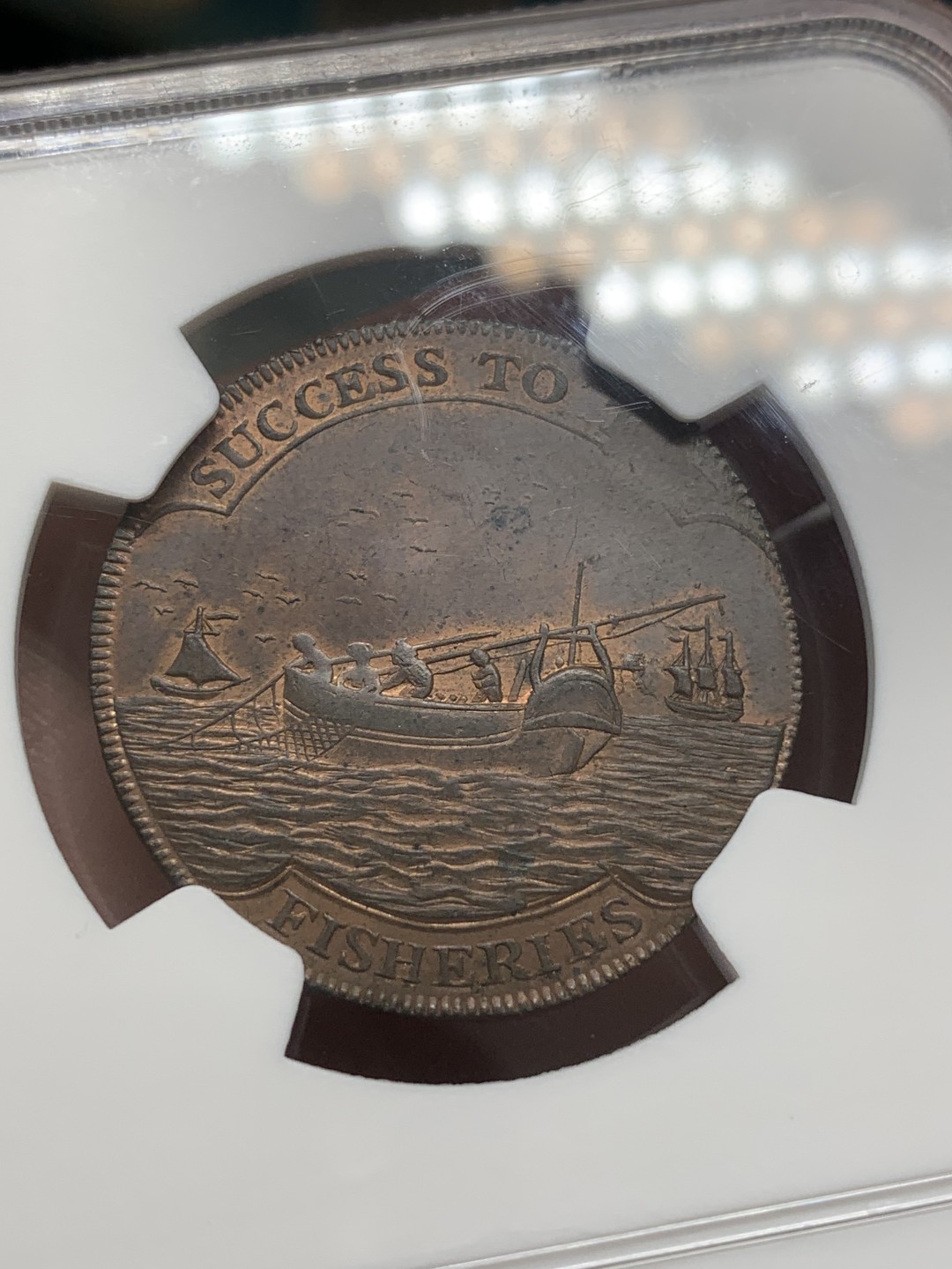 《竞宝斋》第109场-周日，周一 ，周四3场连拍（全场包邮） NGC MS64BN 英国 1795年 洛斯托夫 港口景观 1/2便士 代币 非常少见的双面景观 高分好状态