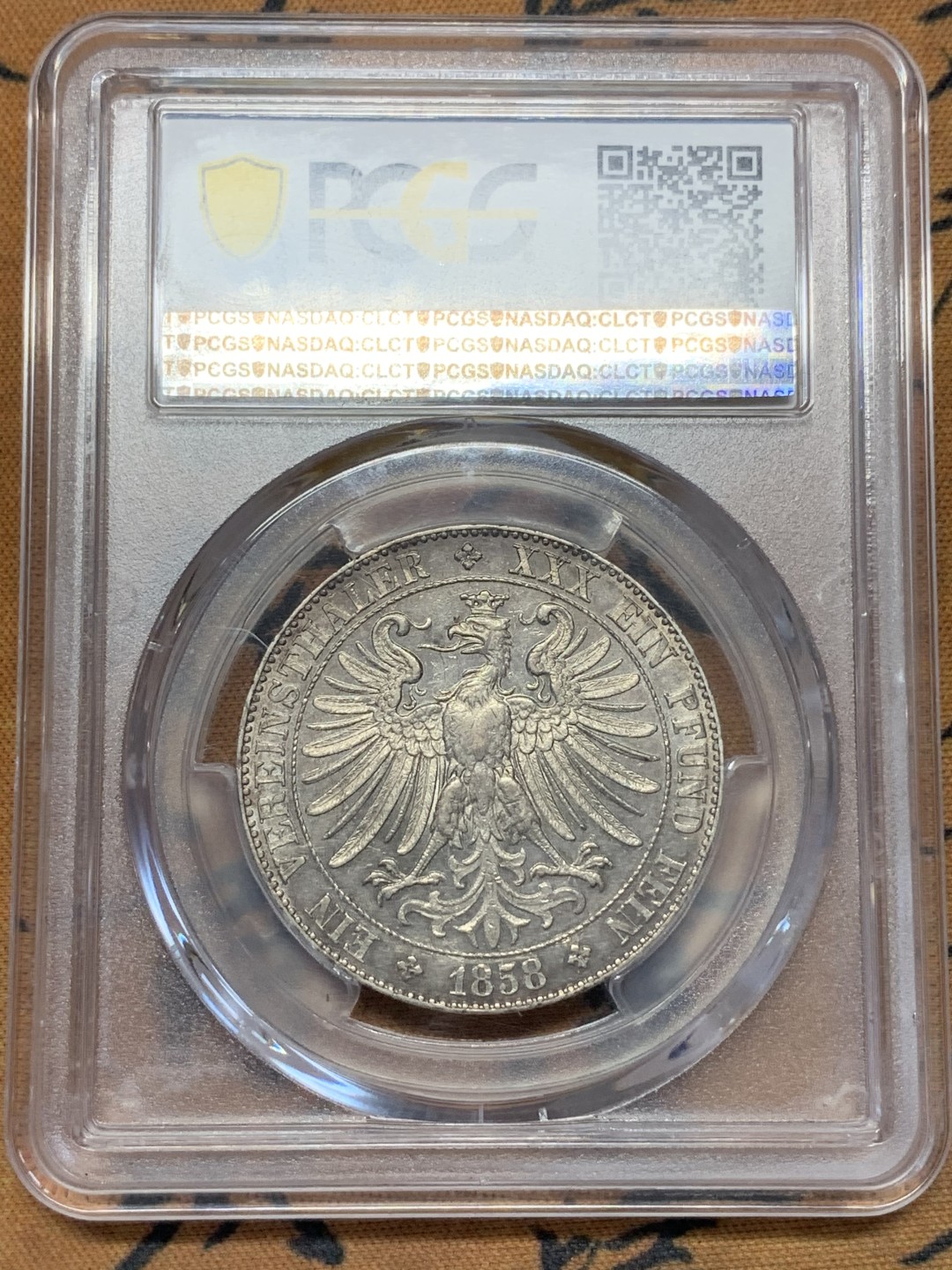 《竞宝斋》第109场-周日，周一 ，周四3场连拍（全场包邮） PCGS AU55 德国1858年法兰克福少女泰勒稀少塔楼版