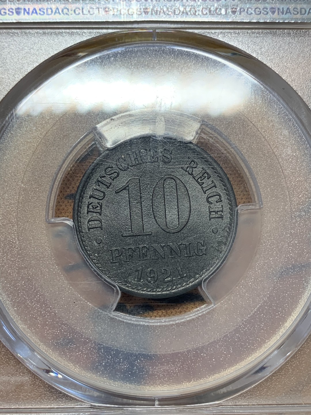 《竞宝斋》第109场-周日，周一 ，周四3场连拍（全场包邮） PCGS-MS65 德国 1921年 长翅 10芬尼锌币   保存不易