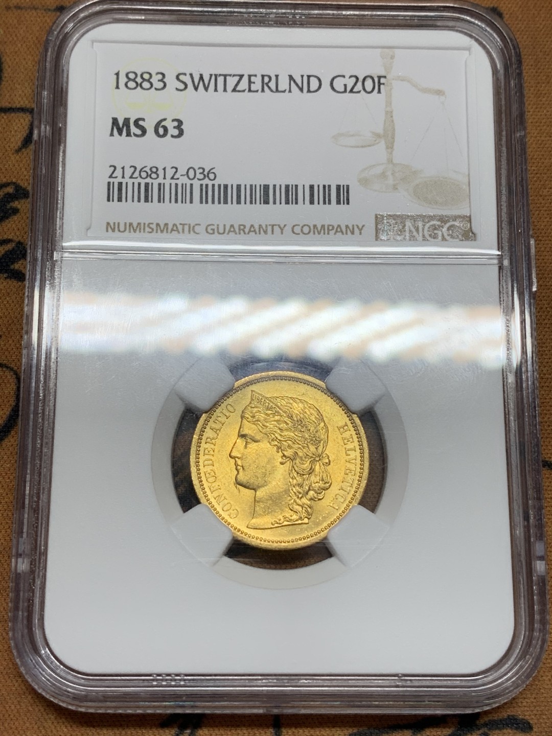 《竞宝斋》第109场-周日，周一 ，周四3场连拍（全场包邮） NGC MS63 瑞士1883年赫尔维蒂女神20法郎金币 早期品种非 雪山女神可比