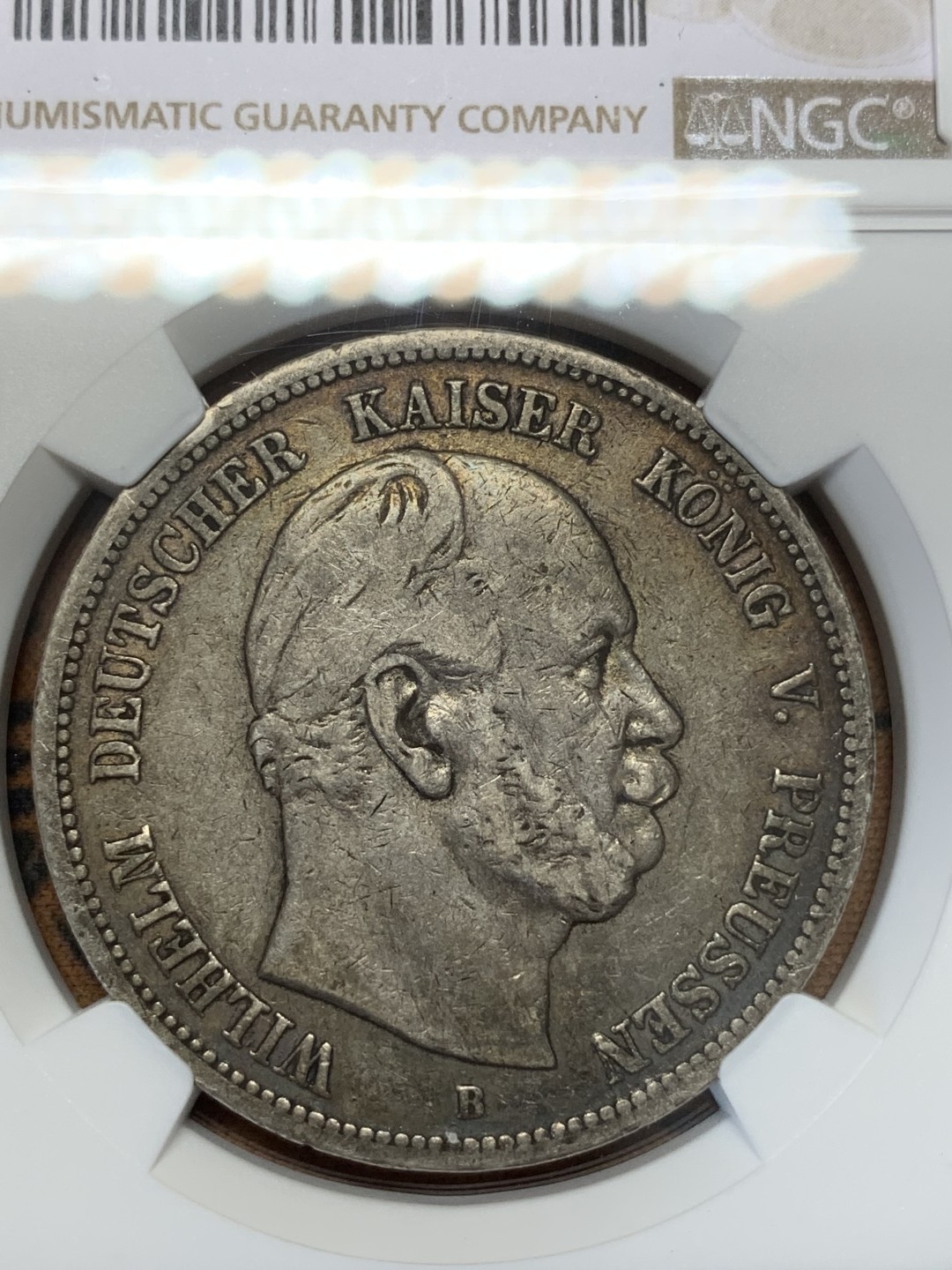 《竞宝斋》第109场-周日，周一 ，周四3场连拍（全场包邮） NGC-XF45 德国普鲁士 1875年威廉一世 5马克早期大银币 早期好品稀少 更高分也就6枚了