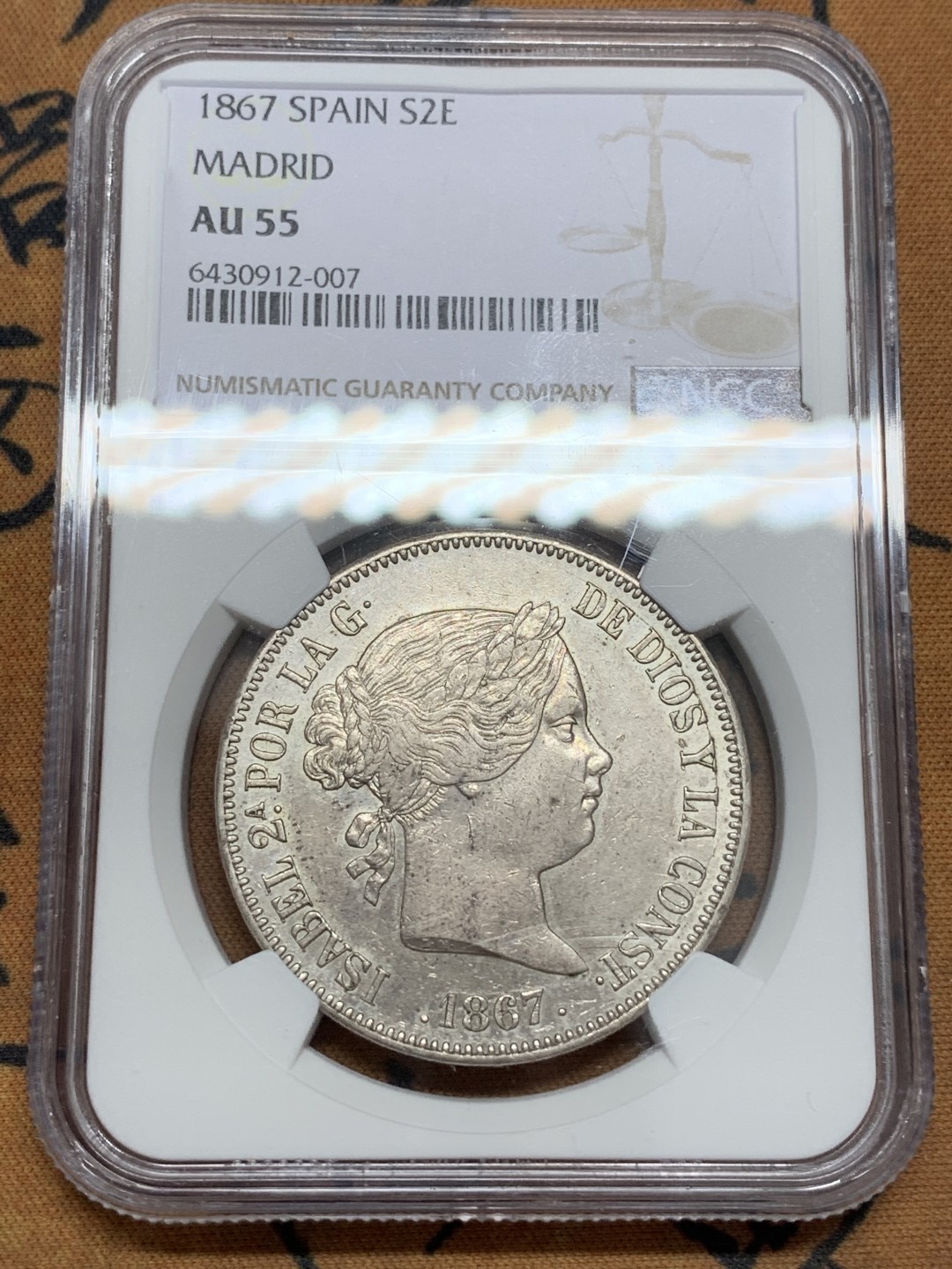 《竞宝斋》第109场-周日，周一 ，周四3场连拍（全场包邮） NGC AU55 西班牙1867年伊莎贝拉猪头妹2埃斯库多大银币，比20R面值少见