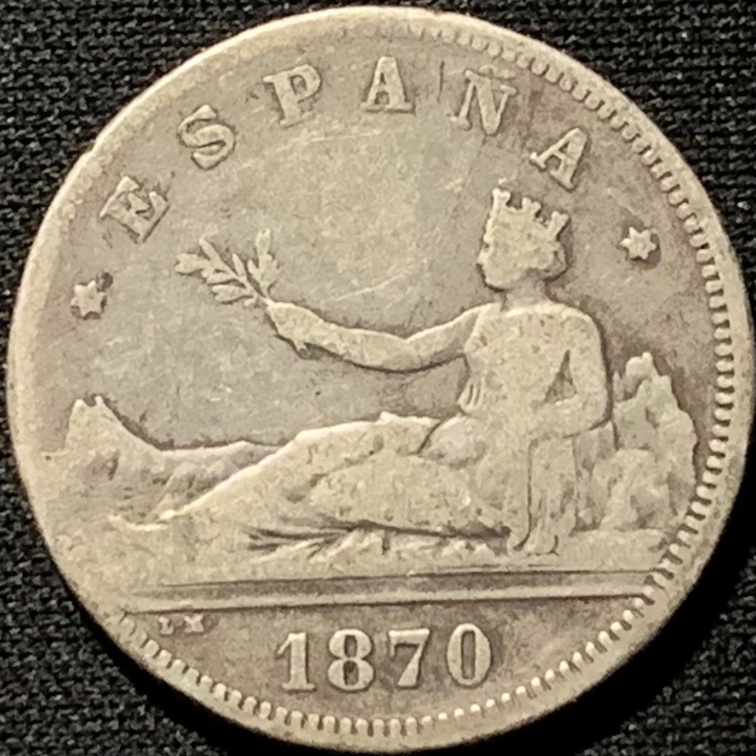 紫瑗钱币——第260期拍卖 西班牙 1870年 拿花女神 2比塞塔 10克 0.835银