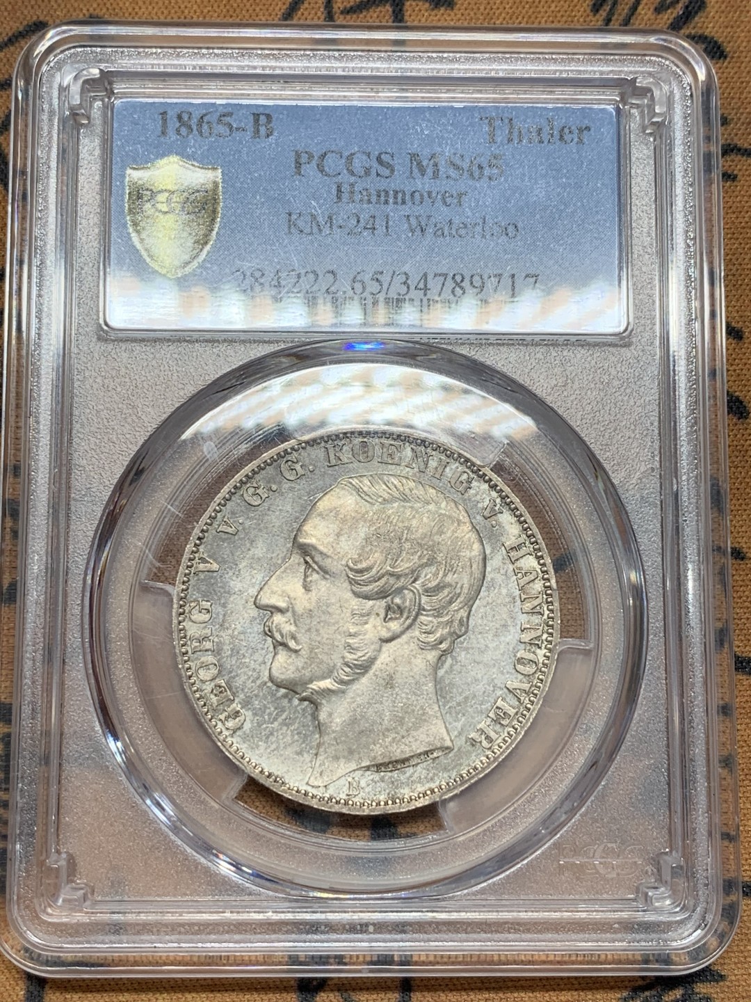 《竞宝斋》第109场-周日，周一 ，周四3场连拍（全场包邮） 亚军分 PCGS MS65 德国1865 汉诺威 滑铁卢战役 泰勒银币 PL底板 高等级分数 据说用来犒赏滑铁卢老兵只用 状态极好