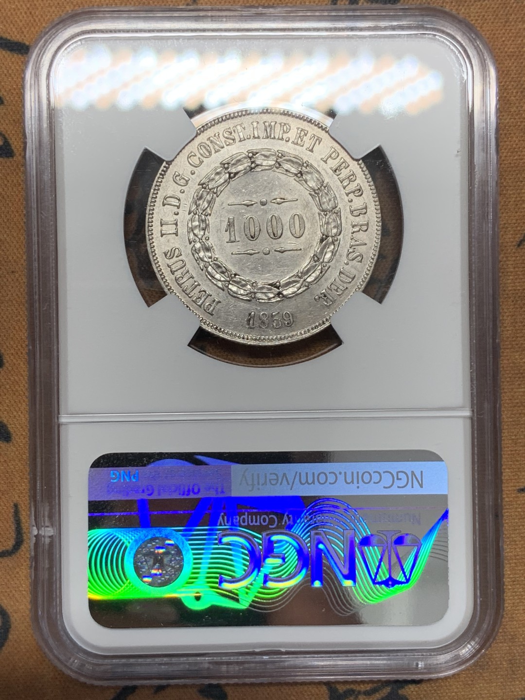 《竞宝斋》第109场-周日，周一 ，周四3场连拍（全场包邮） NGC-AU55 巴西帝国 1859年 1000瑞斯银币