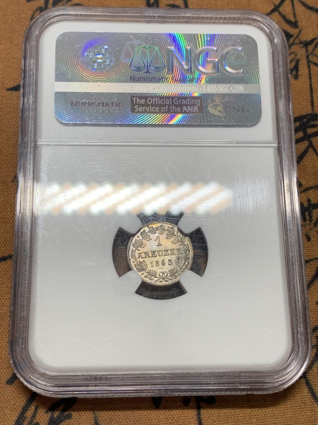 《竞宝斋》第109场-周日，周一 ，周四3场连拍（全场包邮） NGC-MS64 1863年 巴伐利亚1克洛泽银币 光感非常棒 很漂亮的一颗银辅币 高分不易