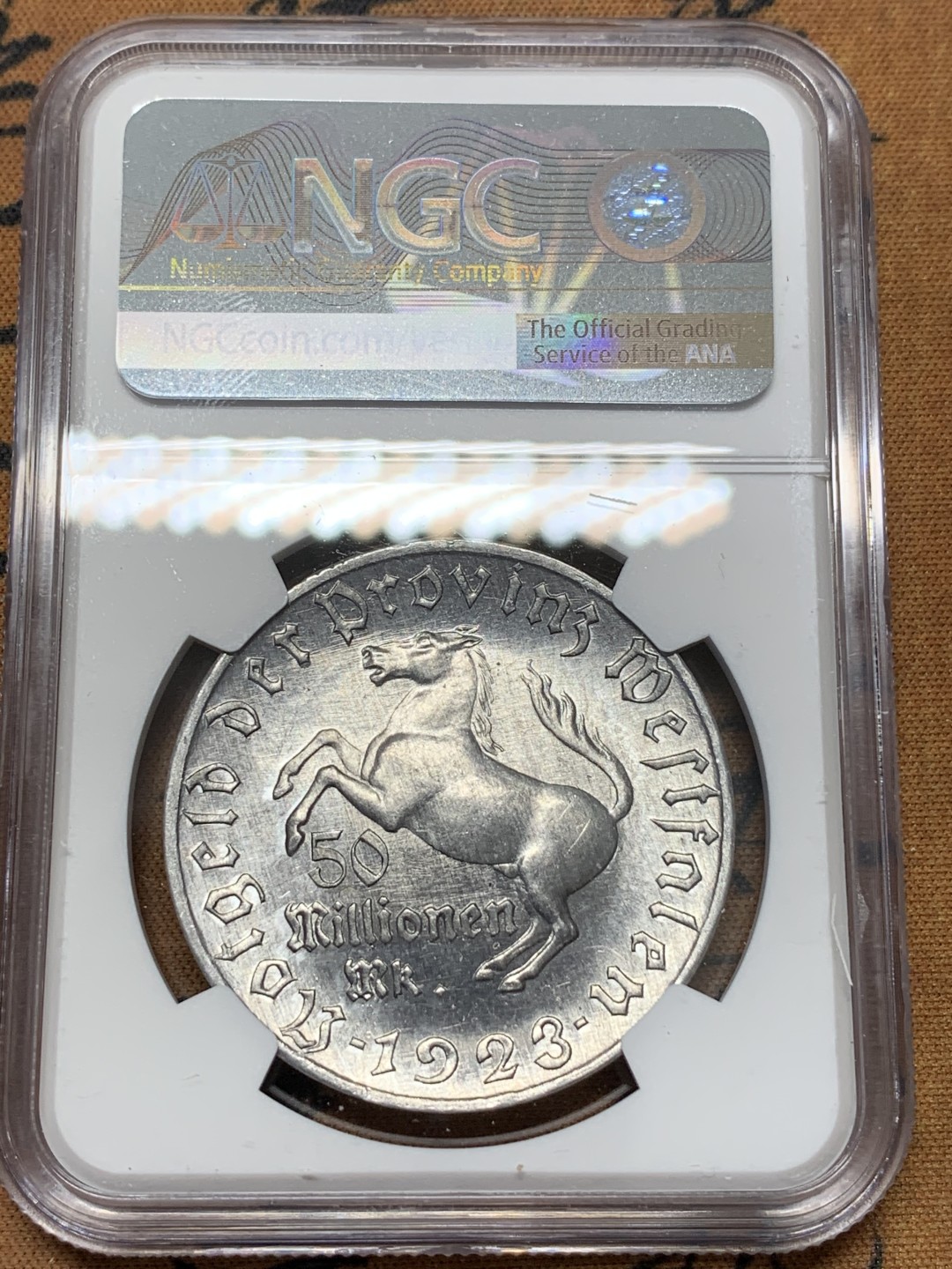 《竞宝斋》第109场-周日，周一 ，周四3场连拍（全场包邮） NGC MS63 1923年德紧马币5千万马克铝币