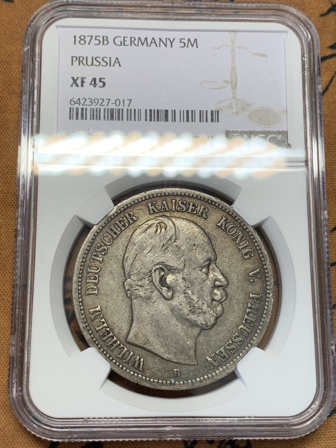 《竞宝斋》第109场-周日，周一 ，周四3场连拍（全场包邮） NGC-XF45 德国普鲁士 1875年威廉一世 5马克早期大银币 早期好品稀少 更高分也就6枚了