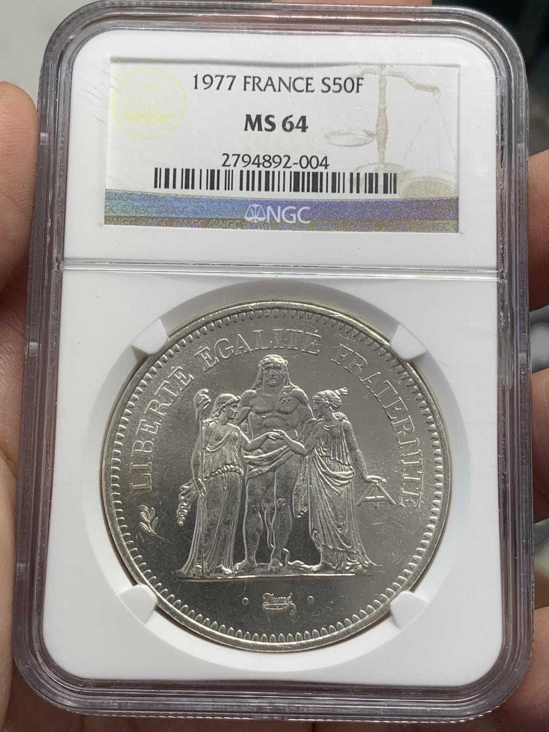 《竞宝斋》第109场-周日，周一 ，周四3场连拍（全场包邮） NGC MS64 法国 1977年 50法郎 大银币