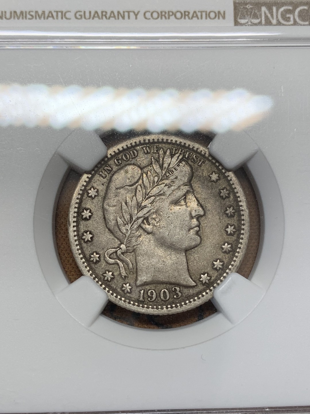 《竞宝斋》第109场-周日，周一 ，周四3场连拍（全场包邮） NGC-AU53 1903美国25美分巴伯 不错的一枚 人像面和鹰面细节好 快评给分保守