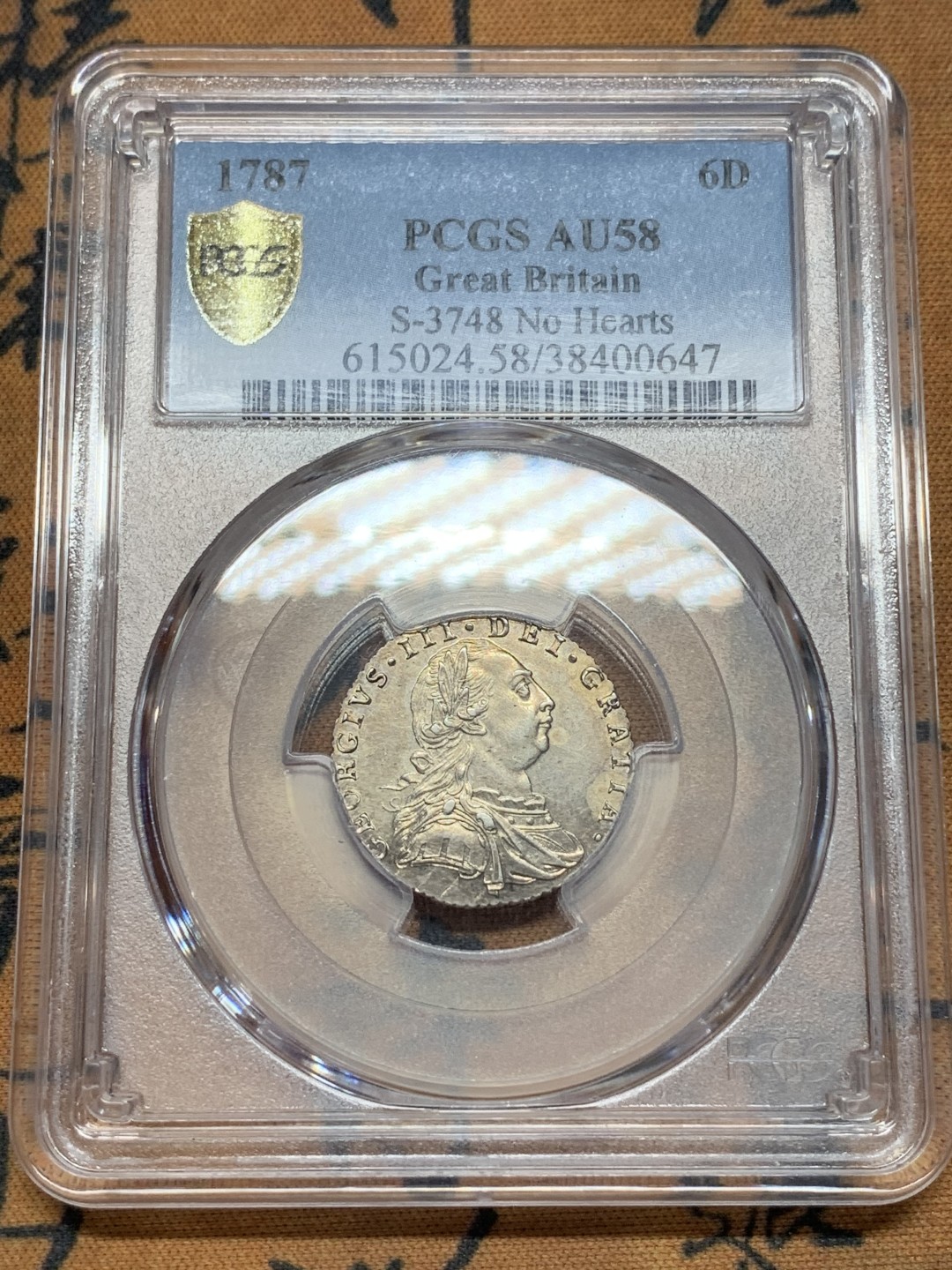 《竞宝斋》第109场-周日，周一 ，周四3场连拍（全场包邮） PCGS AU58 英国1787年乔治三世6便士银币细节好品低评状态