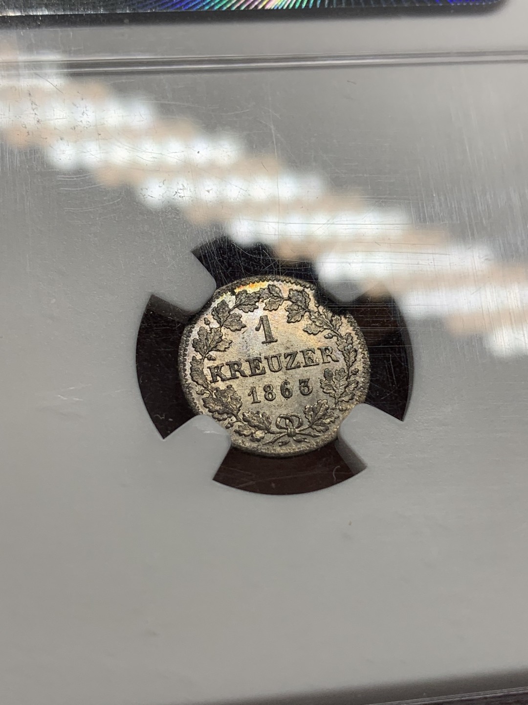 《竞宝斋》第109场-周日，周一 ，周四3场连拍（全场包邮） NGC-MS64 1863年 巴伐利亚1克洛泽银币 光感非常棒 很漂亮的一颗银辅币 高分不易