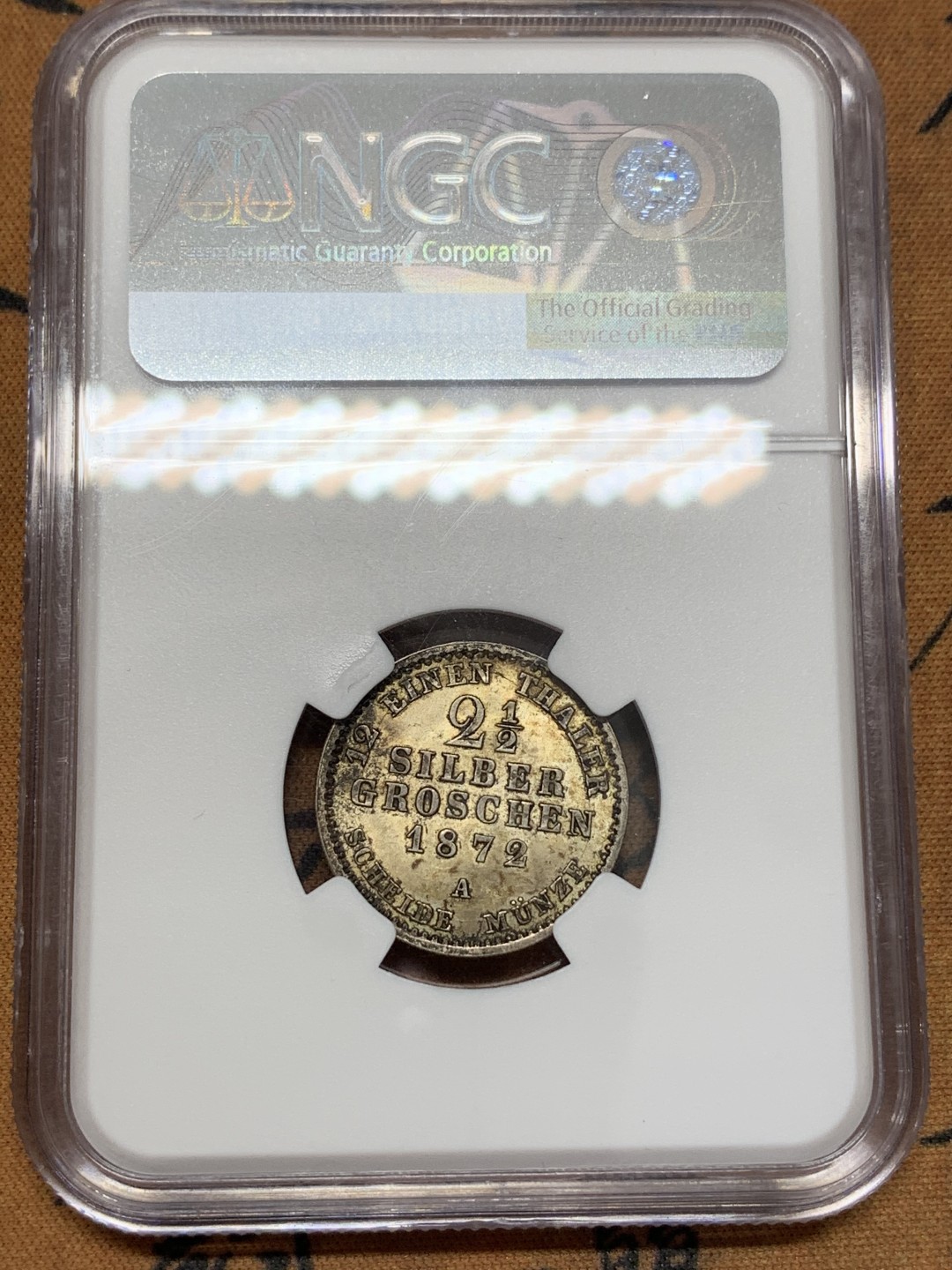 《竞宝斋》第109场-周日，周一 ，周四3场连拍（全场包邮） NGC-MS62 普鲁士1872年2.5格罗申 流通充分的辅币 状态非常好双面丝绸金包浆