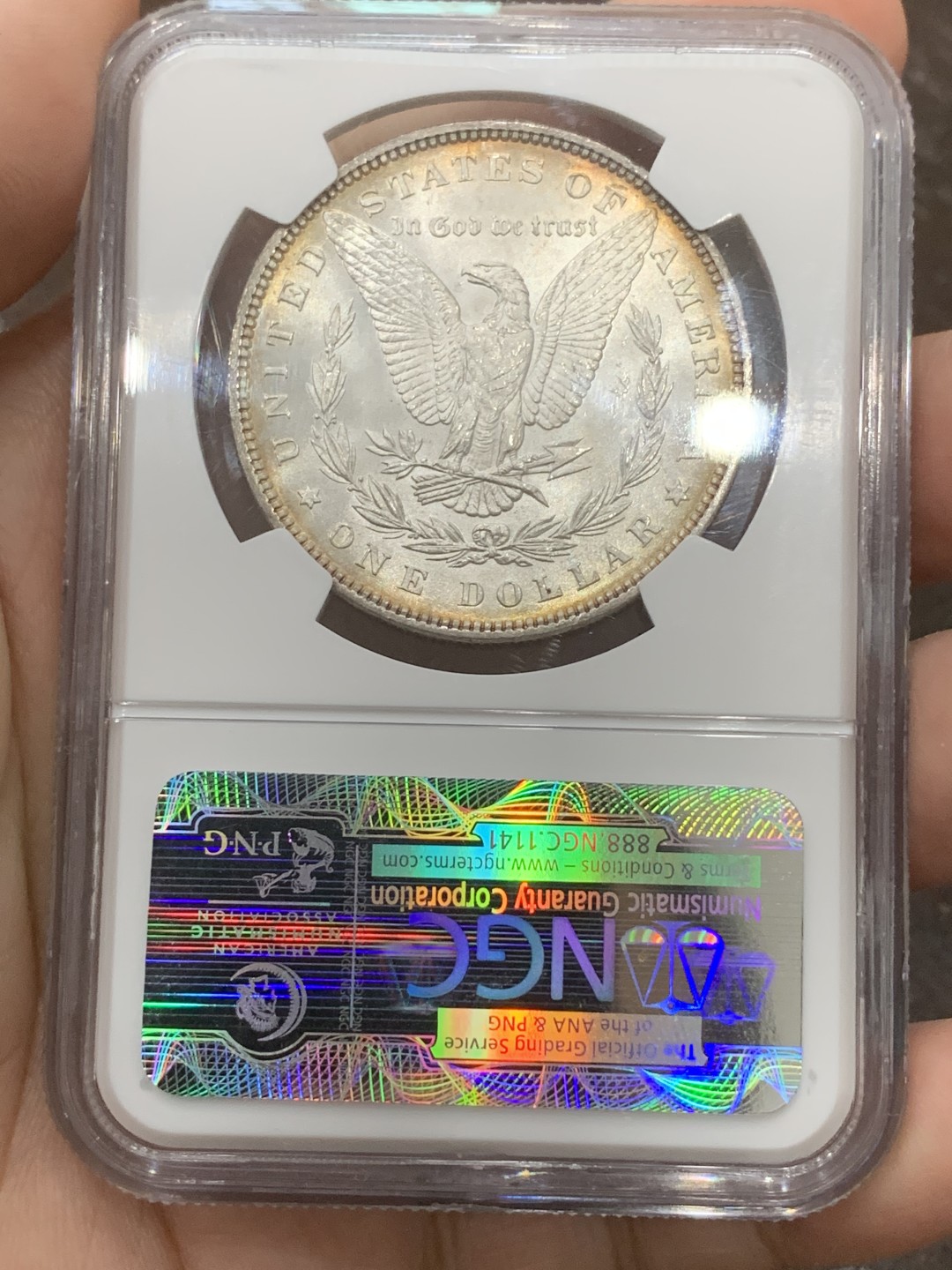 《竞宝斋》第109场-周日，周一 ，周四3场连拍（全场包邮） NGC-MS64 美国 1898年 摩根银币 疑似卷首币 女神面满灰彩 背淡金色环彩