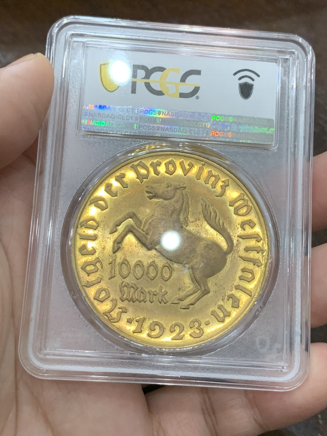 《竞宝斋》第109场-周日，周一 ，周四3场连拍（全场包邮） PCGS-MS66 1923年德紧威斯特法伦10000马克 大马币66非常难得 镜面PL 普品不可比 百年德紧值得珍藏