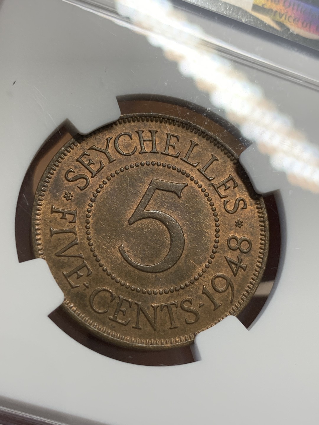 《竞宝斋》第109场-周日，周一 ，周四3场连拍（全场包邮） NGC MS64RB 1948 英属塞舌尔乔治六世5分 铜币 仅发行一年