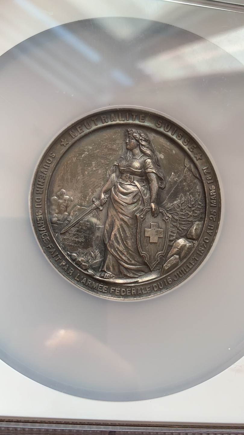 《竞宝斋》第109场-周日，周一 ，周四3场连拍（全场包邮） NGC-MS62 瑞士1871年汉斯射击纪念章 铜镀银 女神造型气势非凡值得收藏 大盒封装