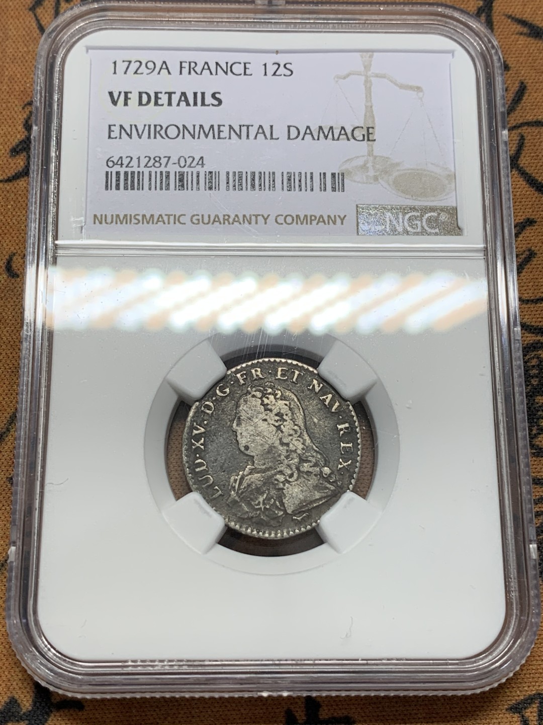 《竞宝斋》第109场-周日，周一 ，周四3场连拍（全场包邮） NGC-VF 1729年法国路易十五12s原味少见品银币