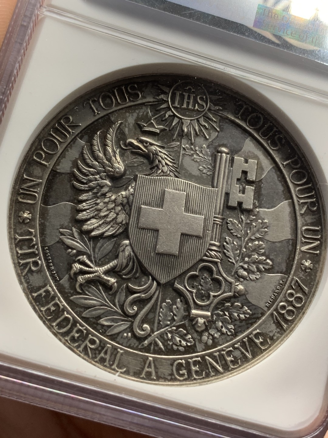 《竞宝斋》第109场-周日，周一 ，周四3场连拍（全场包邮） NGC-MS63 瑞士1887年日内瓦射击章 加厚深浮雕 PL底板 超美细节