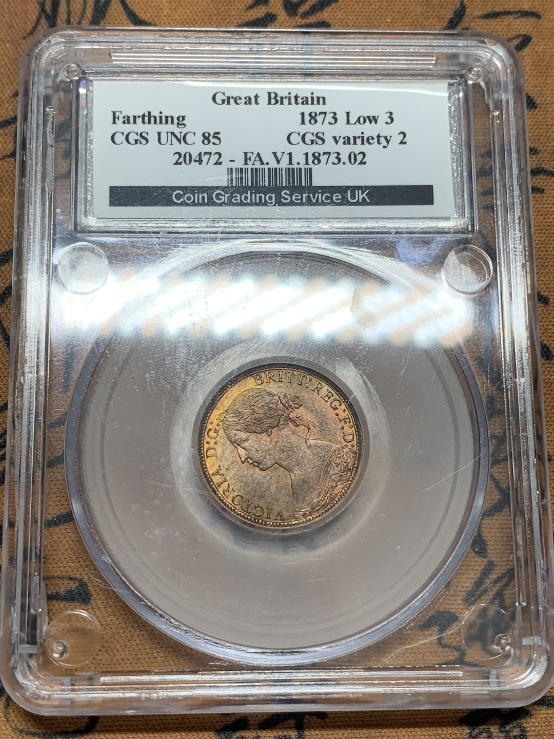 《竞宝斋》第109场-周日，周一 ，周四3场连拍（全场包邮） CGS评级 85高分 英国 1873年 维多利亚  1法新 铜币 满铜光