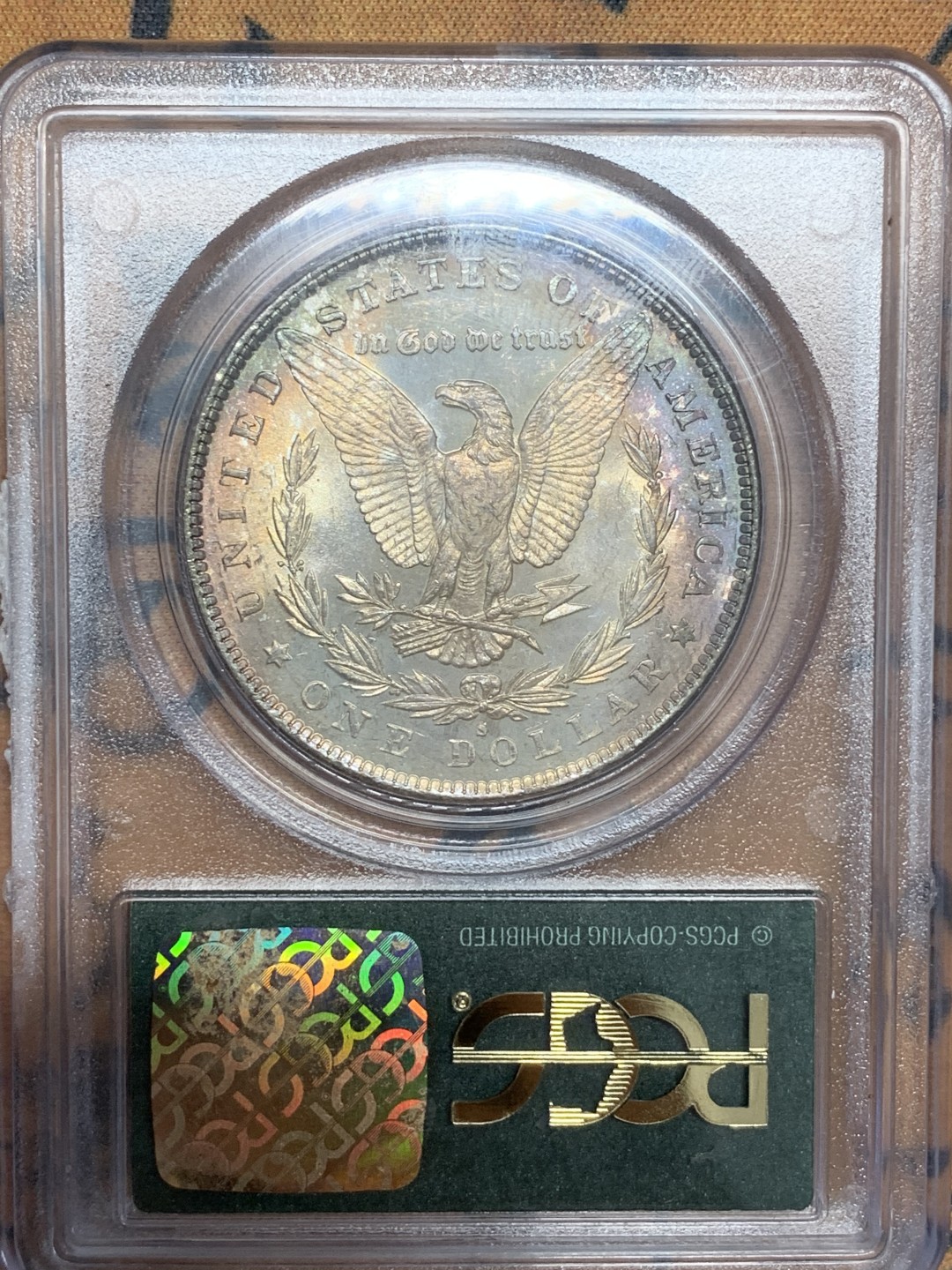 《竞宝斋》第109场-周日，周一 ，周四3场连拍（全场包邮） PCGS-MS65 美国 1881年 摩根银币 女神面 鹰面双面月牙彩 老P绿盒