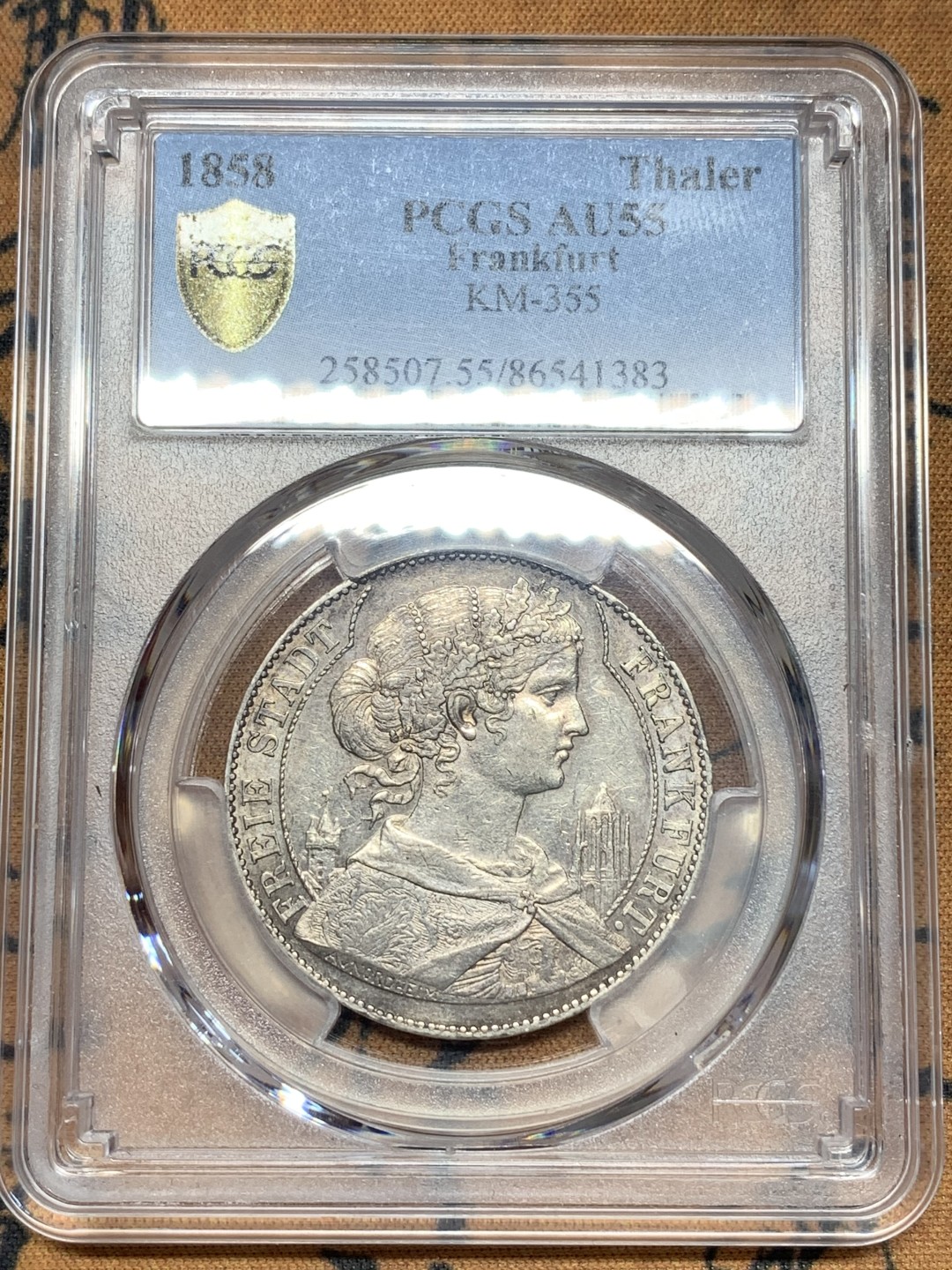 《竞宝斋》第109场-周日，周一 ，周四3场连拍（全场包邮） PCGS AU55 德国1858年法兰克福少女泰勒稀少塔楼版