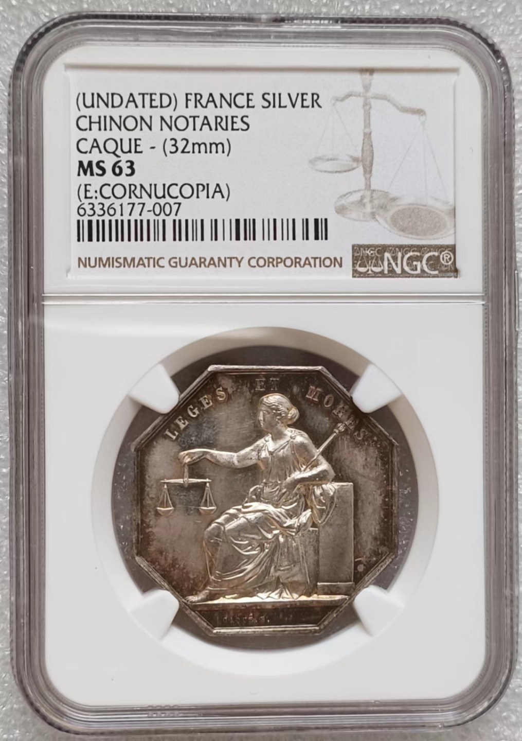 瓶子🏺第63期拍卖会 法国19世纪巴黎公证人公正女神JETON银质八角