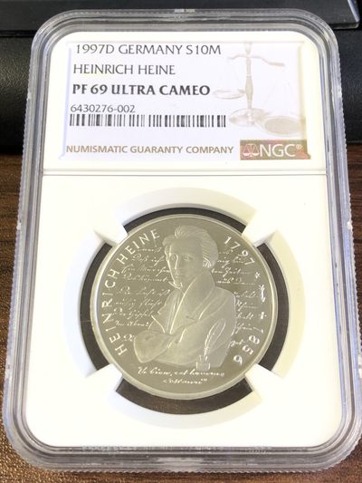 【海寧潮】拍卖第四十六期 - 【海寧潮客户代拍】德国1997年著名诗人海涅精制银币NGC-PF69,625银，15.5克，直径33毫米