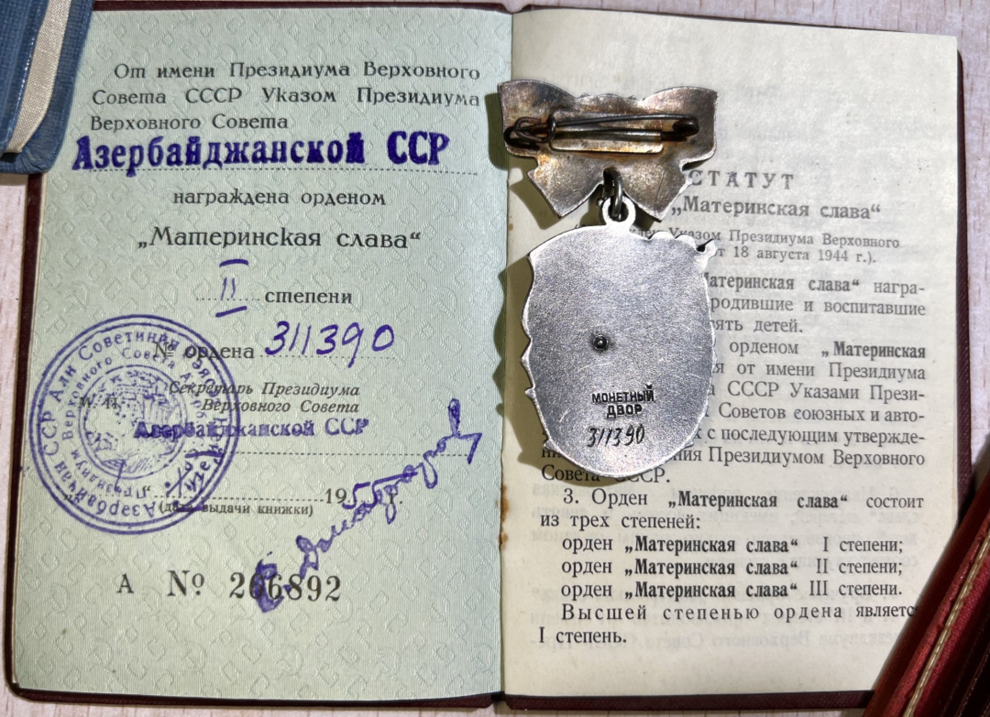 大猫徽章拍卖第206期 苏联母亲金星大全套 阿塞拜疆同一人获得 证书齐全