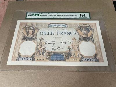 【Blue Auction】✨世界纸币精拍第242期——莫总专场VI - 【亚军分 仅1张更高分】法国 1938-40年1000法郎 PMG64 超大票幅 精美