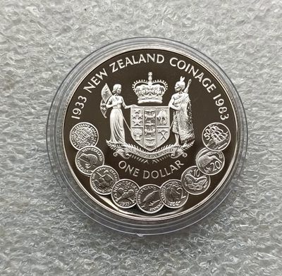 各国铜银币、英国邮币封首日封，彼得堡世界钱币勋章拍卖第24期 - 新西兰1983年1元精制纪念银币，货币发行50周年，币中币造型，克朗型27克925银