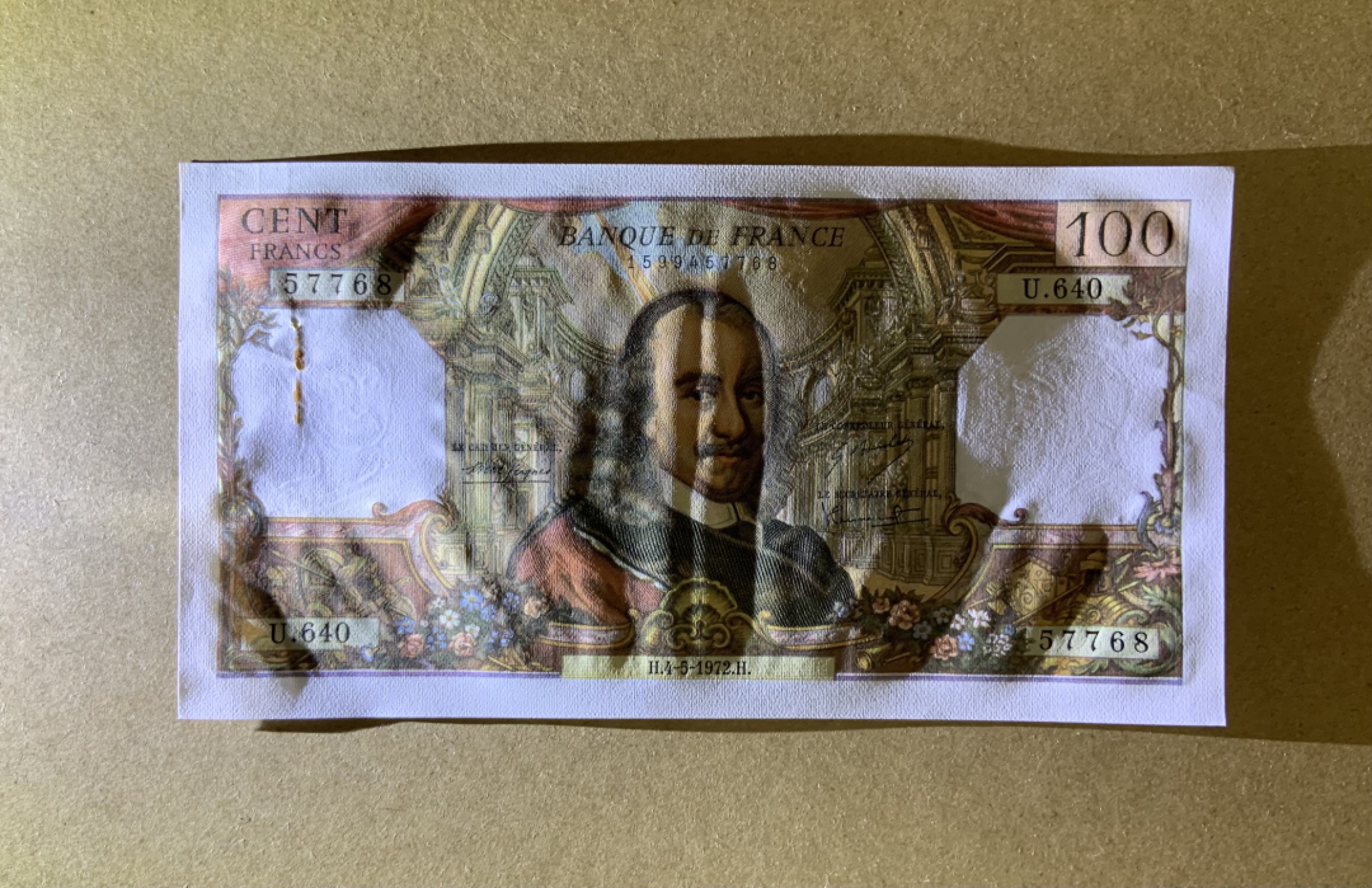 收藏联盟Quantum Auction 第202期拍卖 法国1972年100法郎 品相UNC- 高乃依 有针孔 