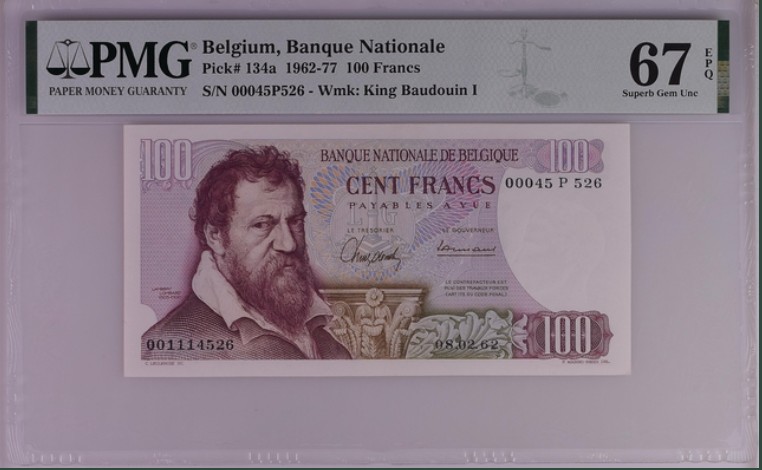 收藏联盟Quantum Auction 第202期拍卖 比利时1962年100法郎 PMG67 首发年份 小号段