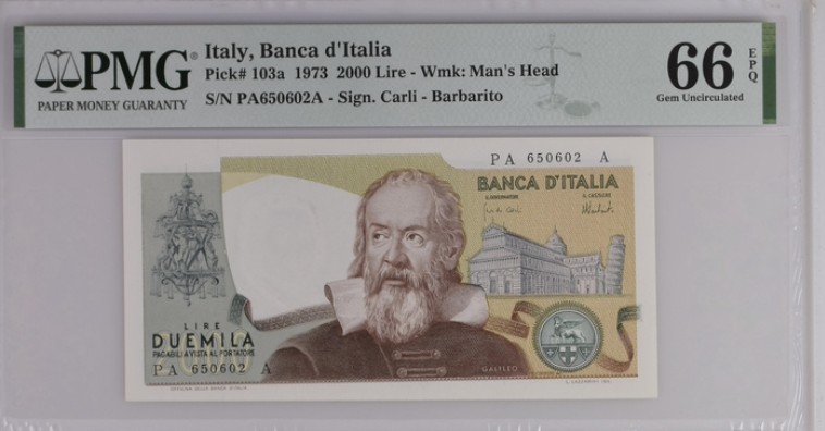收藏联盟Quantum Auction 第202期拍卖 意大利1973年2000里拉 PMG66 首发年份 稀少 伽利略