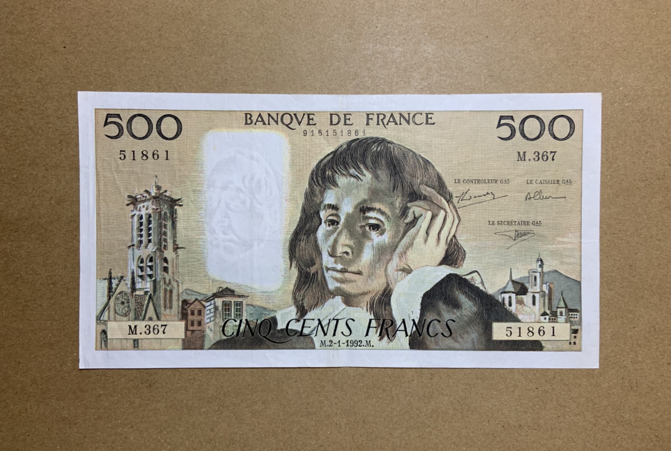 收藏联盟Quantum Auction 第202期拍卖 法国1992年500法郎 品相如图 无针孔 原票