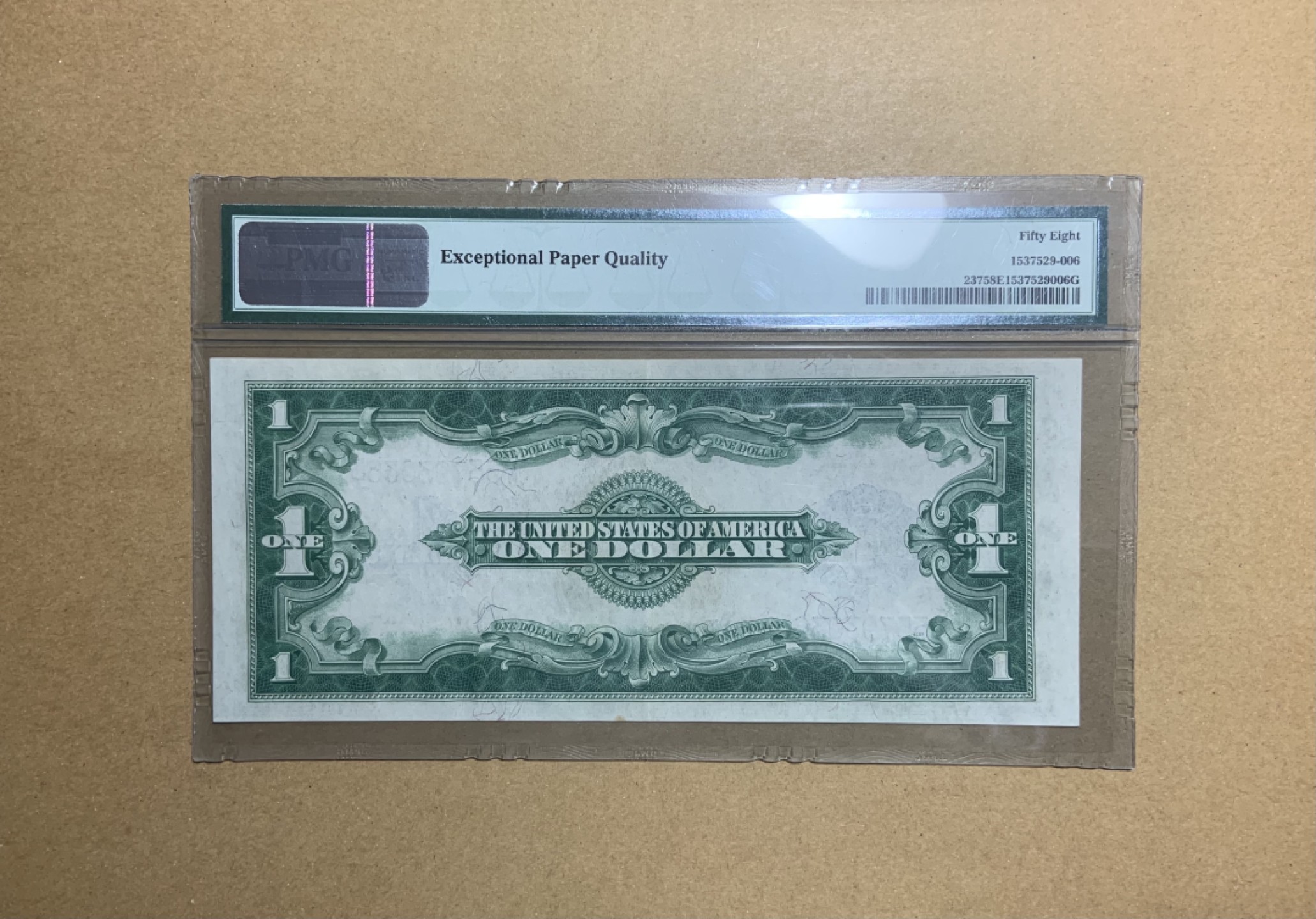 收藏联盟Quantum Auction 第204期拍卖 美国1923年1美元银币券 PMG58e  大票幅的号码无4