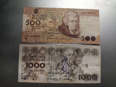 【专题20221027】草纸也能出奇迹——流通旧钞专场 - 【拍品001】葡萄牙倒二版500+1000埃斯库多套币流通品相