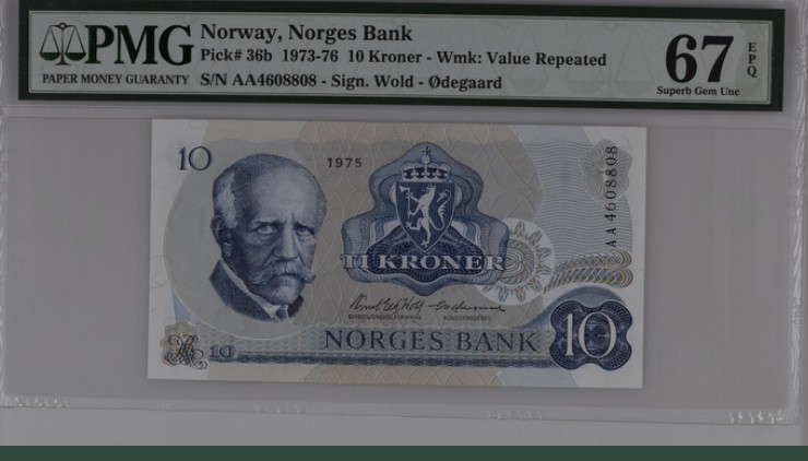 收藏联盟Quantum Auction 第202期拍卖 瑞典1975年10克朗 PMG67 AA冠