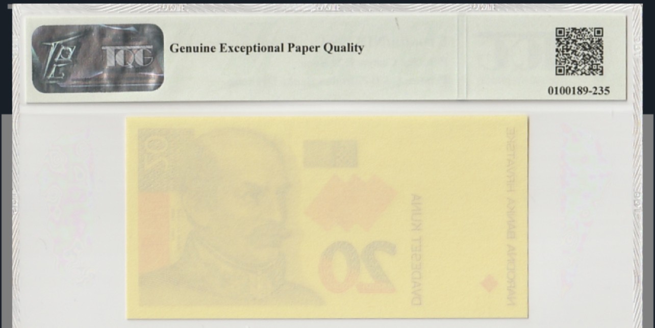 收藏联盟Quantum Auction 第202期拍卖 克罗地亚1994年20库纳单面雕刻试印样票 TQG69 绝品