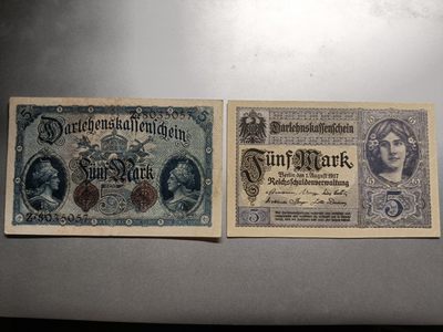【专题20221027】草纸也能出奇迹——流通旧钞专场 - 【拍品002】德国小额货币券5马克1914+1917版套币流通品相