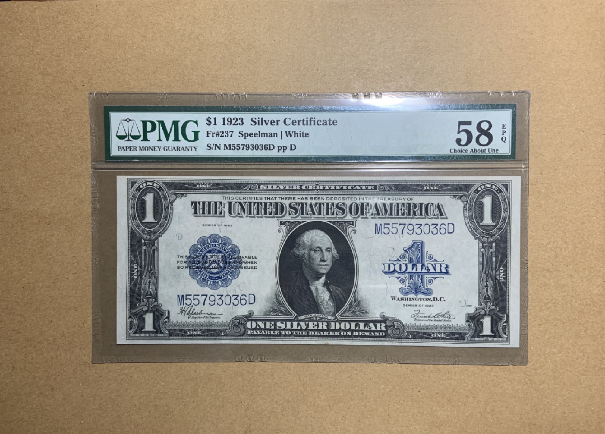 收藏联盟Quantum Auction 第204期拍卖 美国1923年1美元银币券 PMG58e  大票幅的号码无4