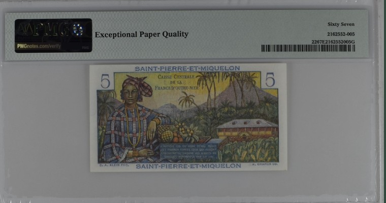 收藏联盟Quantum Auction 第202期拍卖 圣皮埃尔和密克隆群岛1950-60年5法郎 PMG67 号码无4