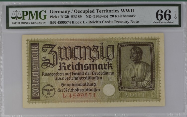 收藏联盟Quantum Auction 第202期拍卖 德国1940-45年20马克 PMG66 勃兰登堡门 正面左下角有元首的标志