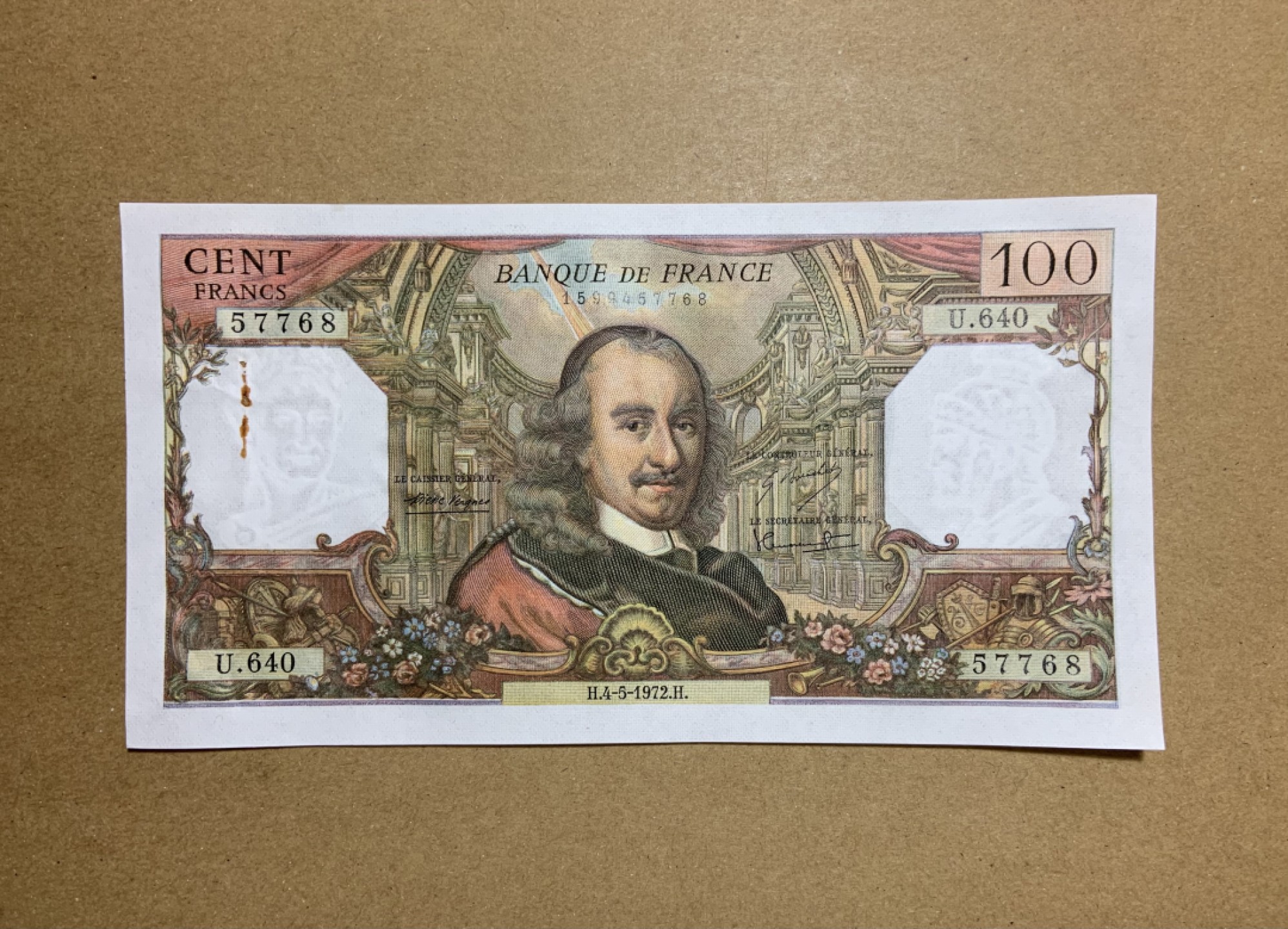 收藏联盟Quantum Auction 第202期拍卖 法国1972年100法郎 品相UNC- 高乃依 有针孔 