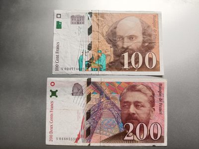 【专题20221027】草纸也能出奇迹——流通旧钞专场 - 【拍品004】法国倒一版100+200法郎套币流通品相