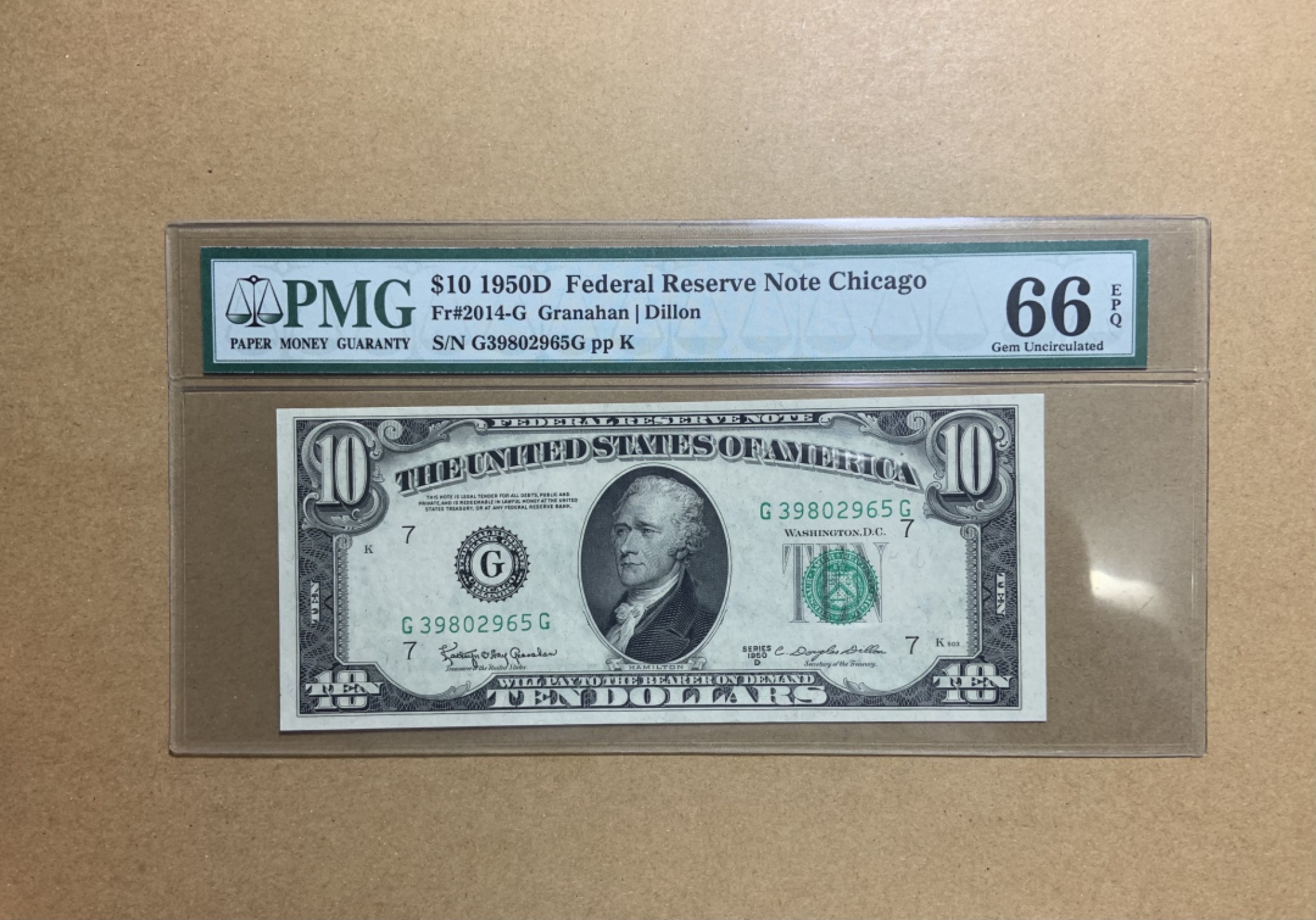 收藏联盟Quantum Auction 第202期拍卖 美国联邦储备券1950年10元 PMG66 号码无4