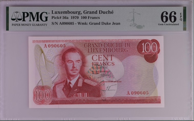 收藏联盟Quantum Auction 第202期拍卖 卢森堡1970年100法郎 PMG66 首发A冠 背面为卢森堡 阿道夫大桥