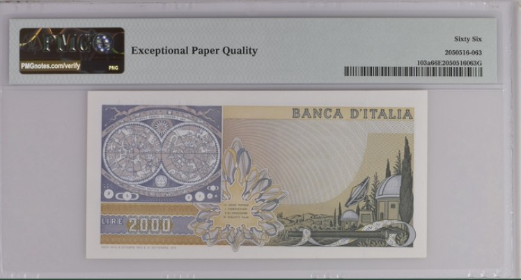 收藏联盟Quantum Auction 第202期拍卖 意大利1973年2000里拉 PMG66 首发年份 稀少 伽利略