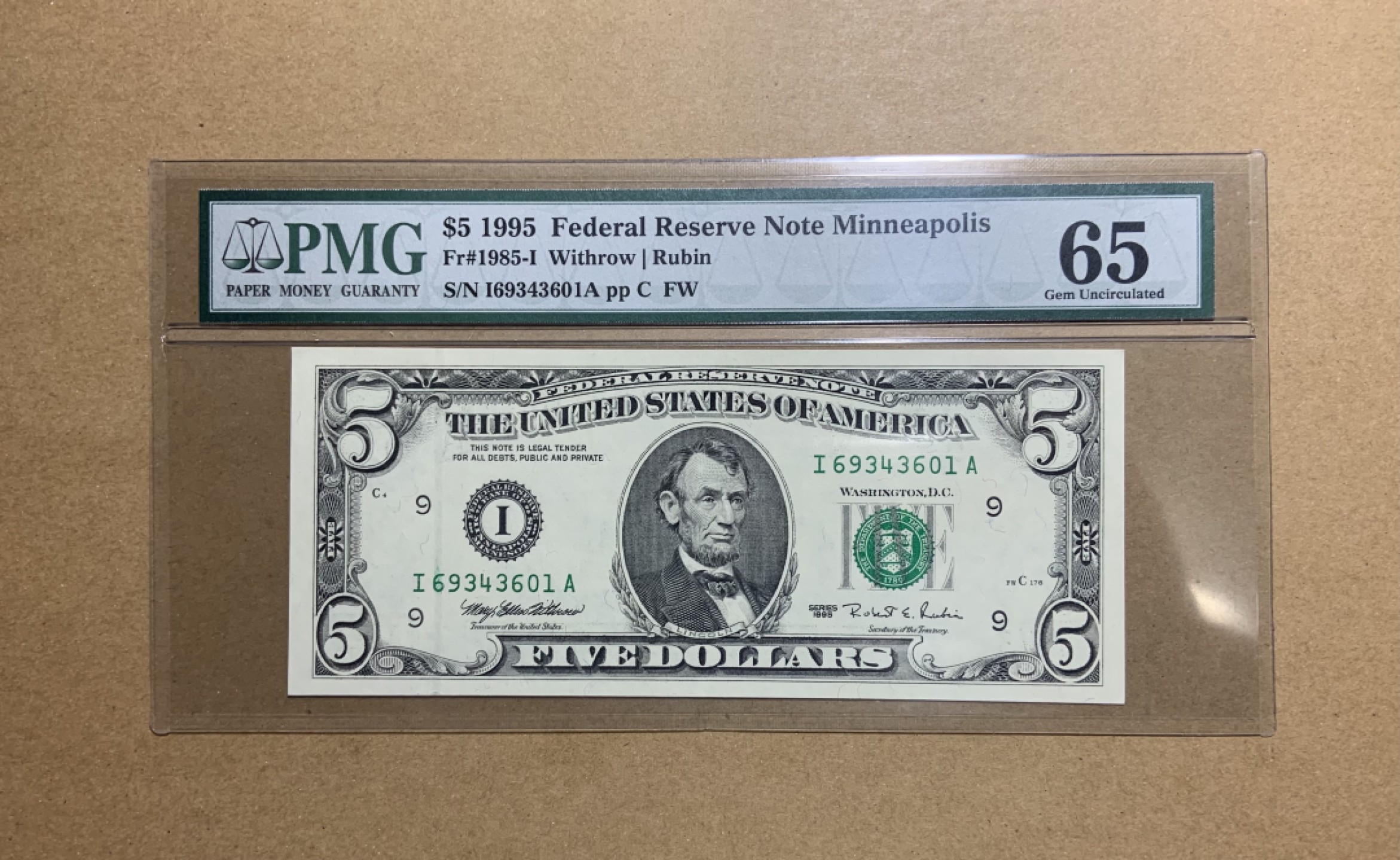 收藏联盟Quantum Auction 第202期拍卖 美国联邦储备券1995年5元 PMG65