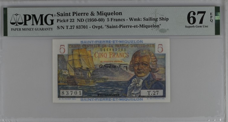 收藏联盟Quantum Auction 第202期拍卖 圣皮埃尔和密克隆群岛1950-60年5法郎 PMG67 号码无4